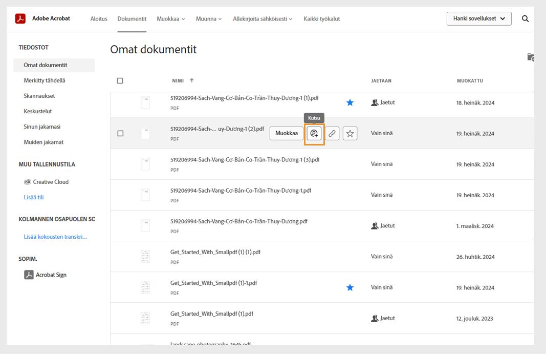 Asiakirjat-välilehti näyttää asiakirjojen luettelon. Kun viet hiiren asiakirjan nimen päälle, Jaa-kuvake ja muut työkalukuvakkeet tulevat näkyviin.