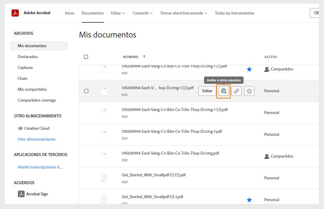 La pestaña Documentos muestra la lista de documentos. Al pasar el puntero por encima del nombre de un documento, se muestran los iconos de Compartir y de otras herramientas.