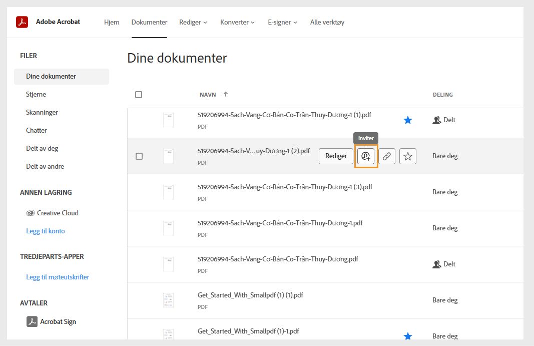 Dokumenter-fanen viser listen over dokumenter. Når du holder pekeren over et dokumentnavn, vises Del og andre verktøyikoner.