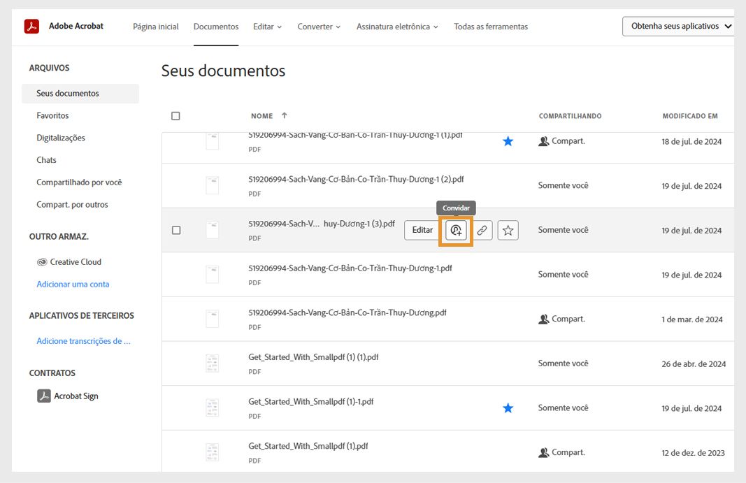 A guia Documentos mostra a lista de documentos. Passar o mouse sobre o nome de um documento mostra os ícones Compartilhar e outras ferramentas.