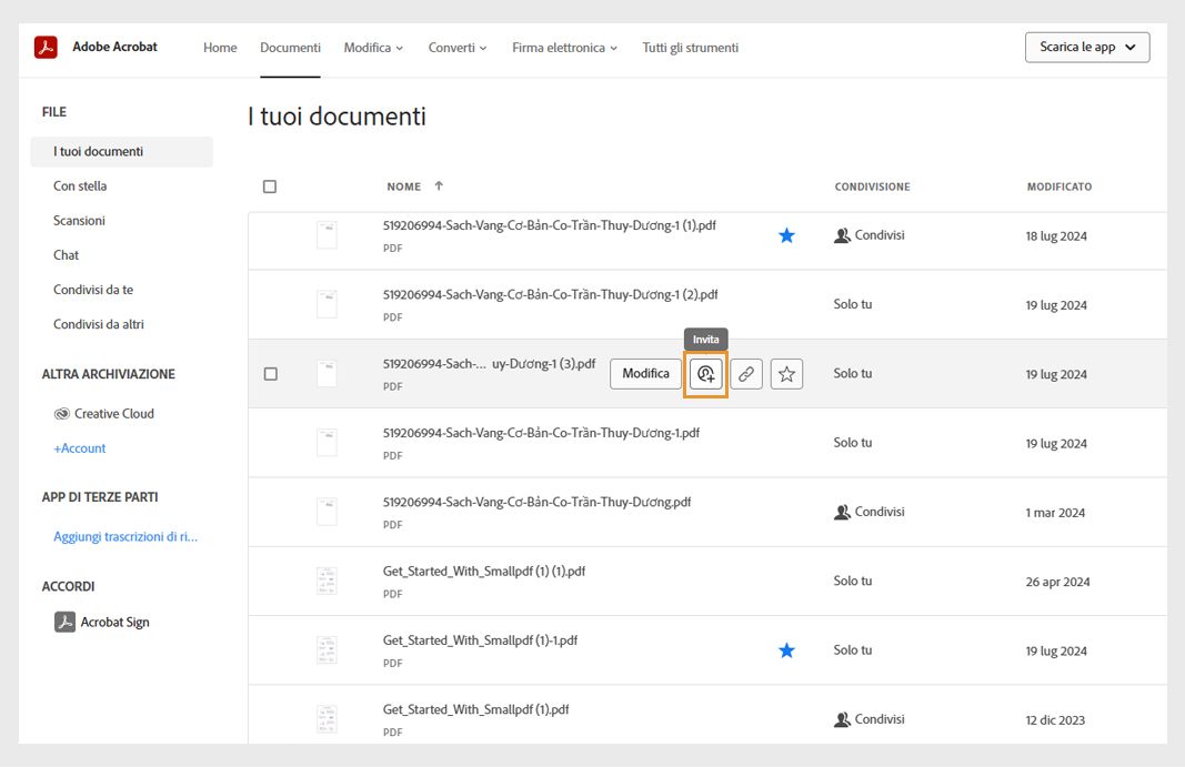 La scheda Documenti mostra l’elenco dei documenti. Quando passi il puntatore sul nome di un documento, vengono visualizzate le icone di Condividi e di altri strumenti.