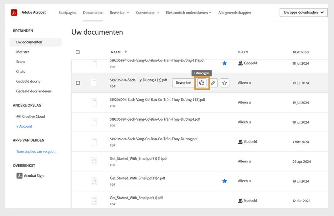 Het tabblad Documenten toont de lijst met documenten. Als u de muis boven een documentnaam houdt, worden pictogrammen voor Delen en andere tools weergegeven.