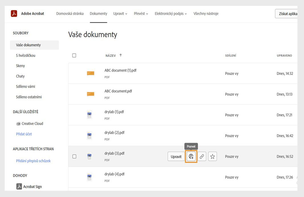Na kartě Dokumenty se zobrazí seznam dokumentů. Pokud podržíte ukazatel myši na názvu dokumentu, zobrazí se ikona Sdílet a ikony dalších nástrojů.