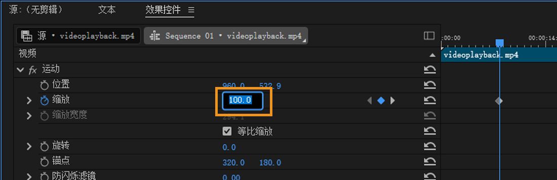 效果控制面板已打开。已选择“运动”效果，且“缩放”属性值已更新为 100。该开放字段表示您可直接输入属性数值。