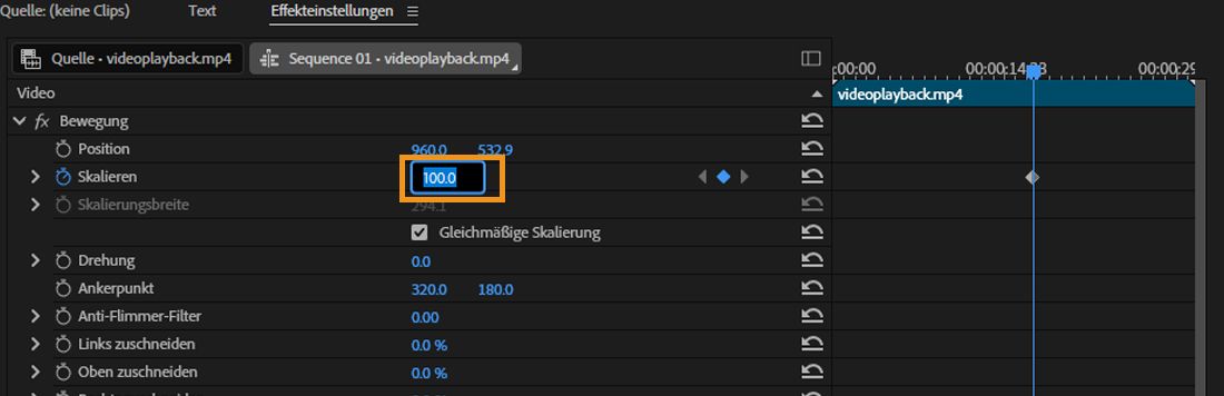  Das Bedienfeld „Effekteinstellungen“ ist geöffnet. Der Bewegungseffekt ist ausgewählt und die Skalierungseigenschaft hat einen neuen Wert von 100.Das offene Feld zeigt an, dass du den Wert für die Eigenschaft direkt eingeben kannst.
