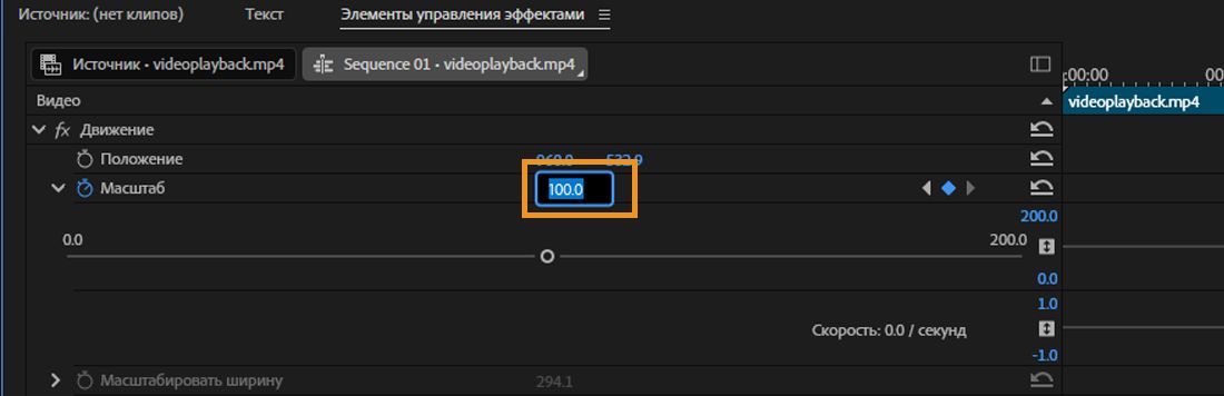   Откроется панель «Элементы управления эффектами». Выбран эффект «Движение», и свойство «Масштаб» имеет новое значение 100. Открытое поле указывает на то, что вы можете ввести значение для свойства напрямую.