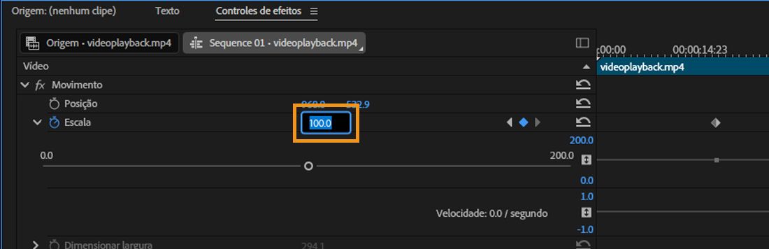   O painel “Controles do efeito” está aberto. O efeito “Movimento” está selecionado, e o valor da propriedade “Escala” tem um novo valor de 100. O campo aberto indica que você pode inserir o valor da propriedade diretamente.