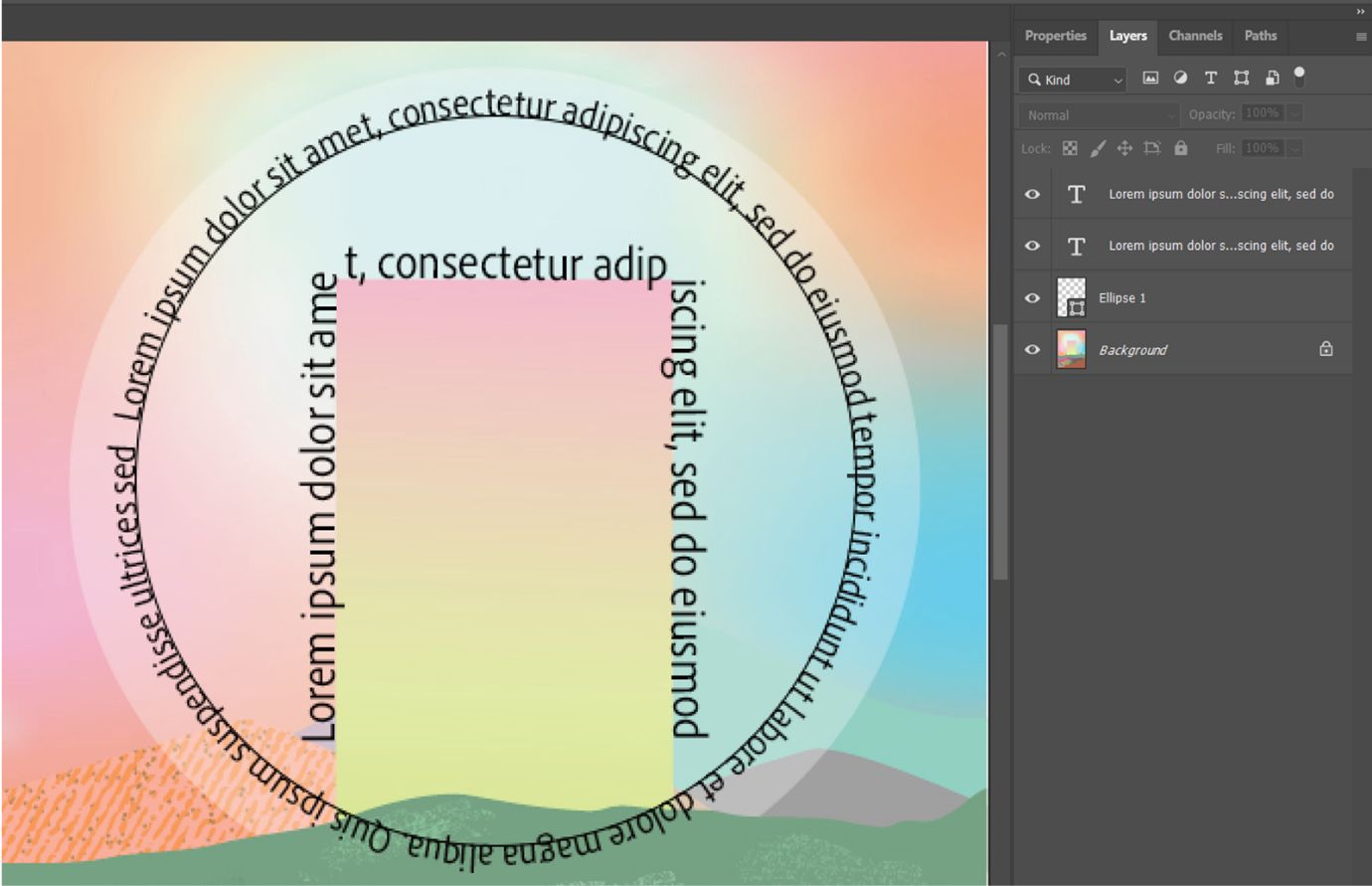 เอกสาร Photoshop แสดงข้อความที่ไหลไปตามเส้นทางวงกลมและเส้นทางโค้ง พร้อมแสดงแผงเลเยอร์
