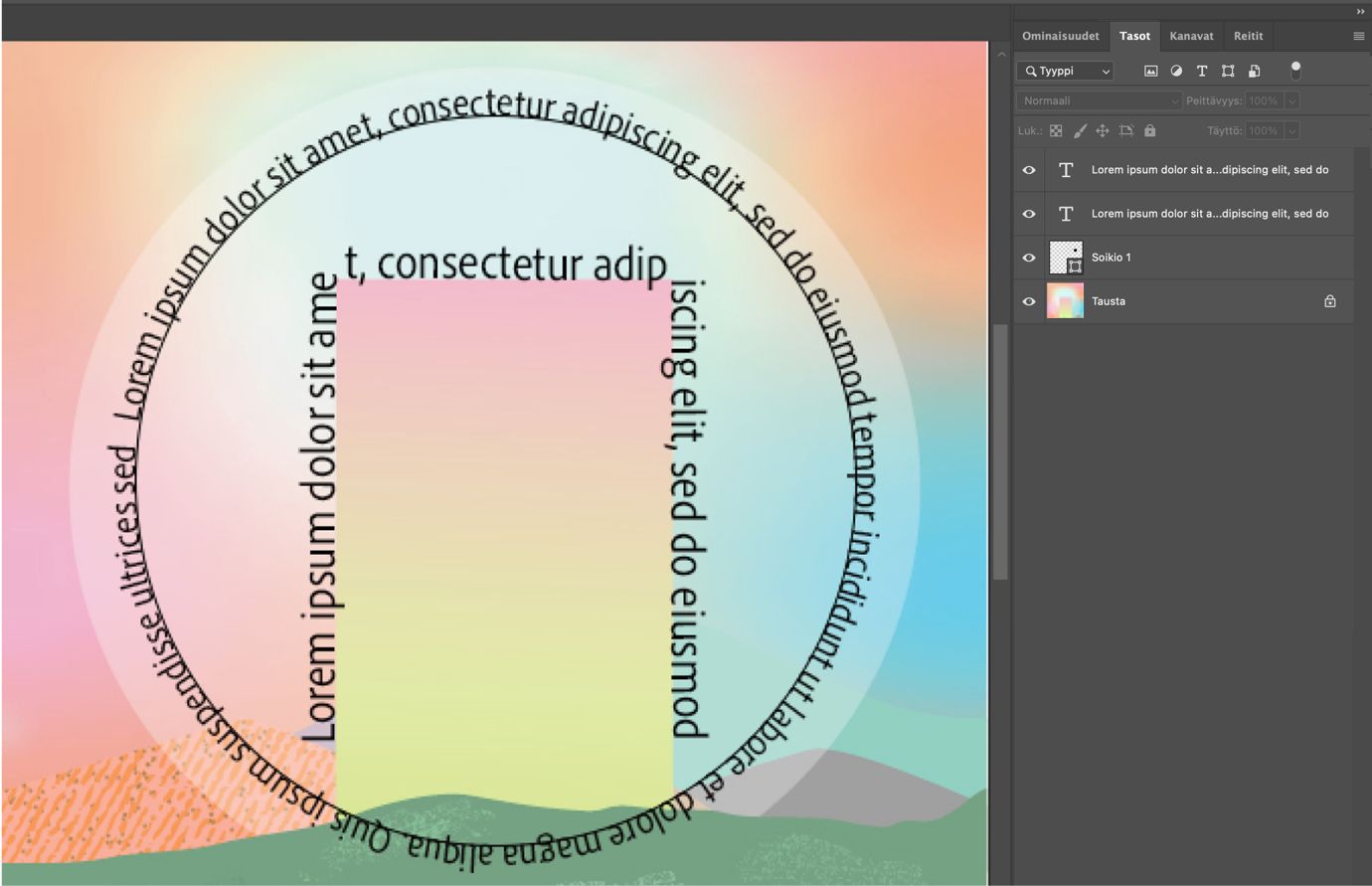 Photoshop-dokumentti, jossa teksti kulkee ympyrän muotoisena ja taivutettuna, ja näkyvissä on myös Tasot-paneeli.