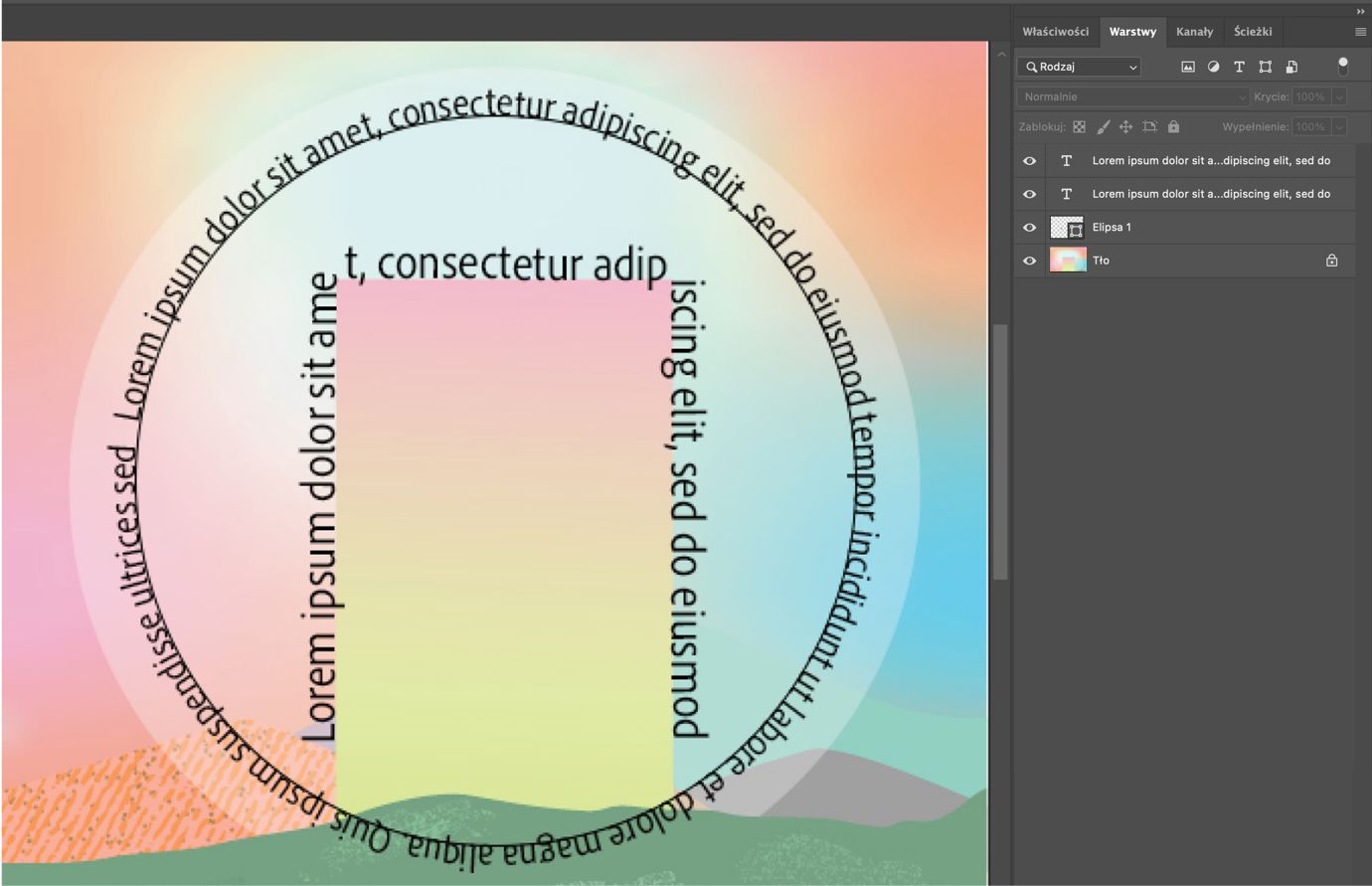 Dokument photoshop pokazujący tekst przepływający wzdłuż okrągłych i zakrzywionych ścieżek z widocznym panel warstw.