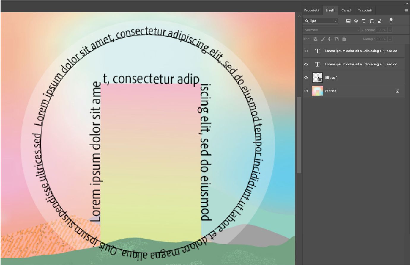Un documento Photoshop che mostra il testo che scorre lungo tracciati circolari e curvi con il pannello Livelli visibile.