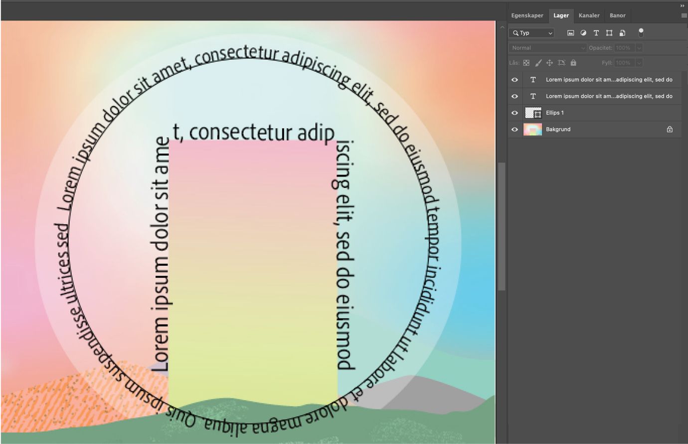 Ett Photoshop-dokument som visar text som flödar längs cirkulära och böjda banor med panel synlig.