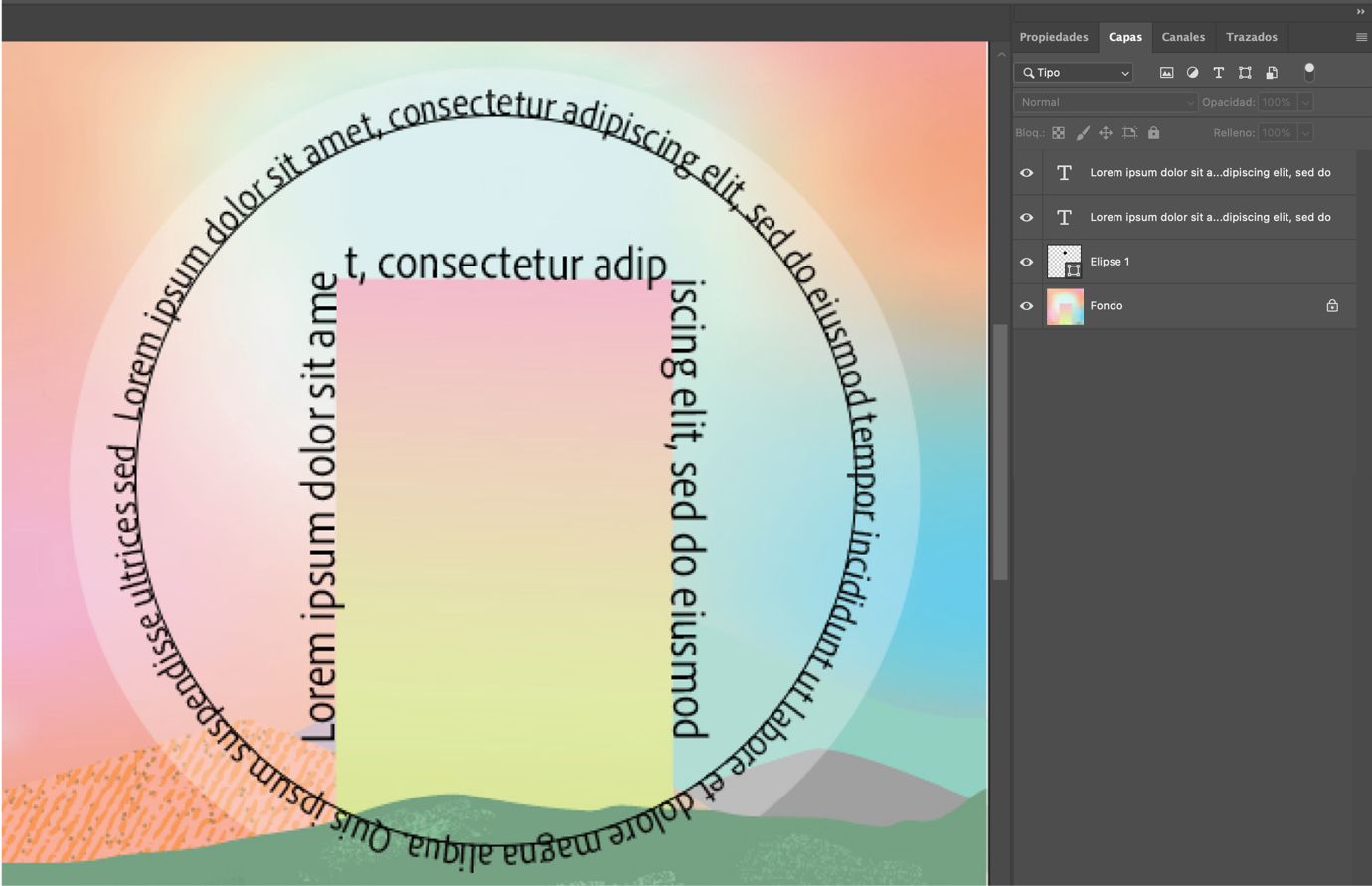 Un documento de photoshop que muestra texto fluyendo a lo largo de trazados circulares y curvos con el panel visible.