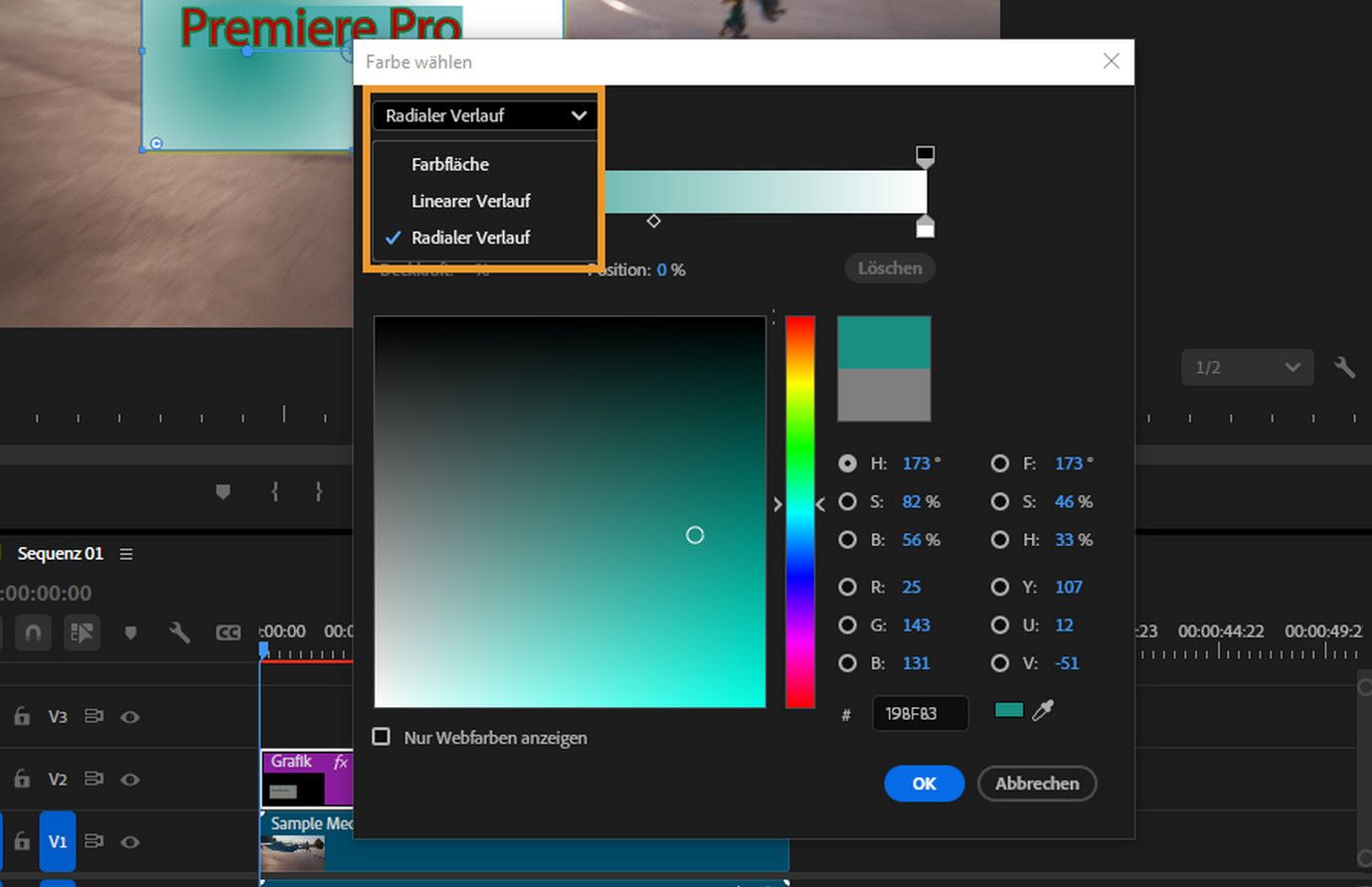  Der Farbwähler wird geöffnet, um die Farbe des Verlaufsstopps und die Verlaufsoptionen anzupassen, wobei „Radialer Verlauf“ ausgewählt ist.