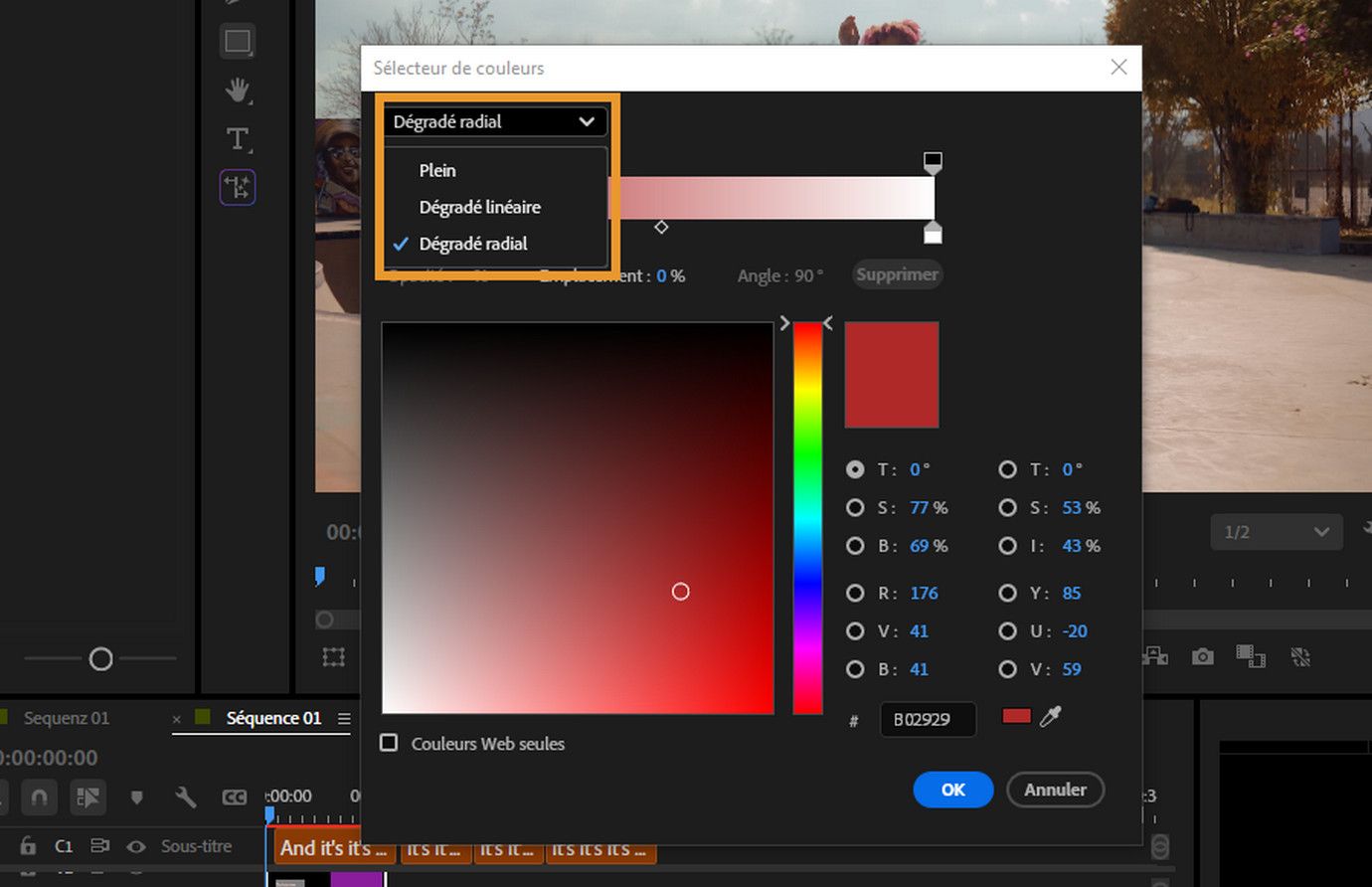 Le sélecteur de couleurs ouvert pour personnaliser la couleur d'étape du dégradé et les options de dégradé avec le dégradé radial sélectionné.