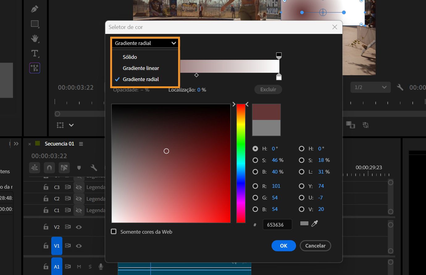O Seletor de cores é aberto para personalizar a cor de limite do gradiente e as opções de gradiente com Gradiente radial selecionado.