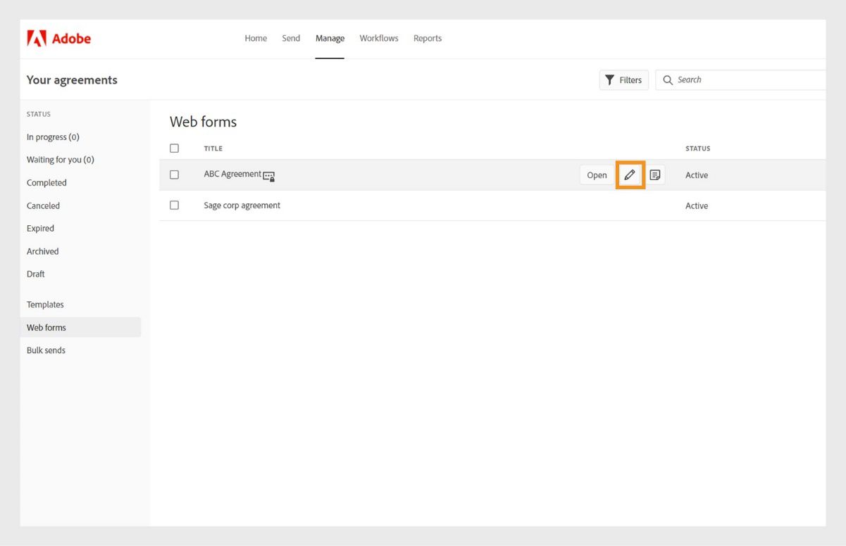 Nagpapakita ang web forms page ng form listing na na-hover para maipakita ang mga tool icon. Naka-highlight ang Edit tool.