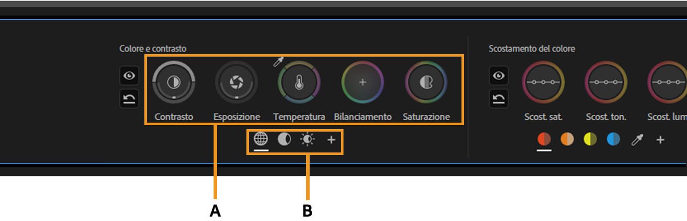 Controlli Colore e Contrasto con pulsanti zona per regolazioni globali, ombra e luce.