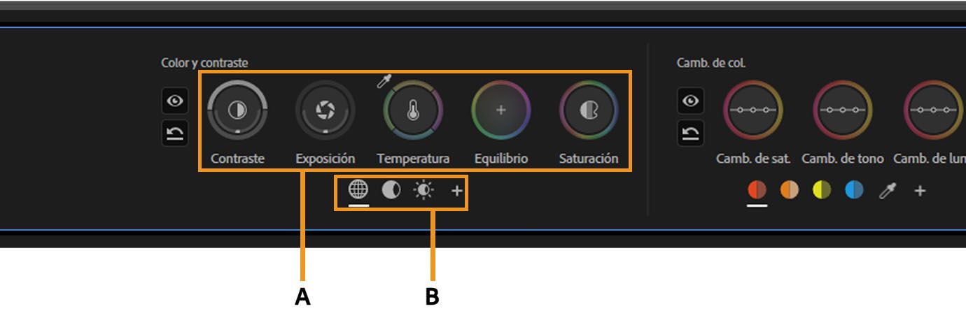Controles de Color y Contraste con botones de zona para ajustes globales, de sombra y de resaltado.