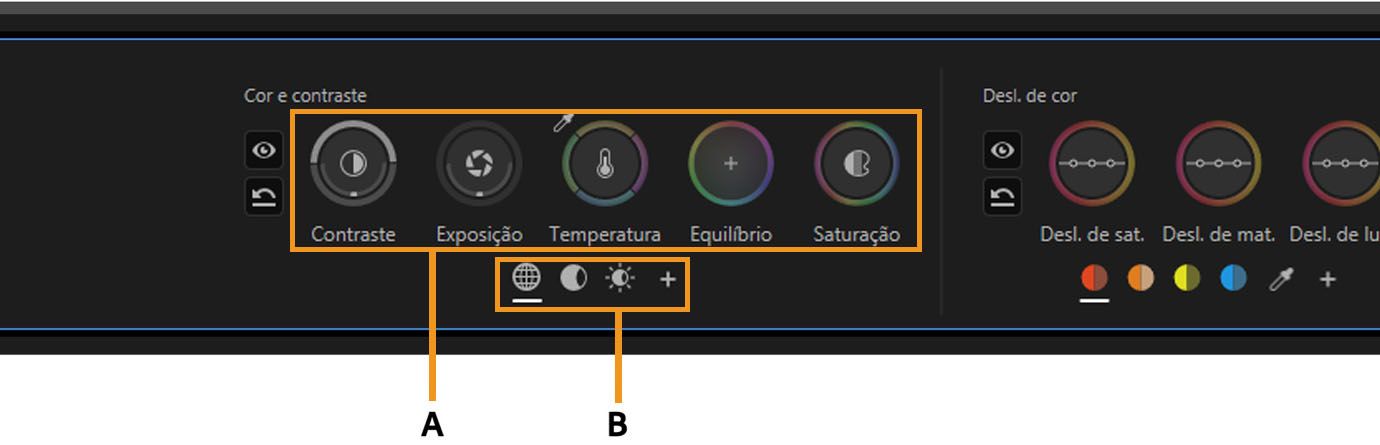 Controles de cor e Contraste com botões de zona para ajustes globais, de sombra e de realce.