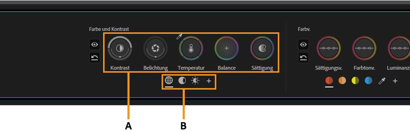 Farb- und Kontrast-Steuerungen mit Zonen-Schaltflächen für globale, Schatten- und Glanzlicht-Korrekturen.
