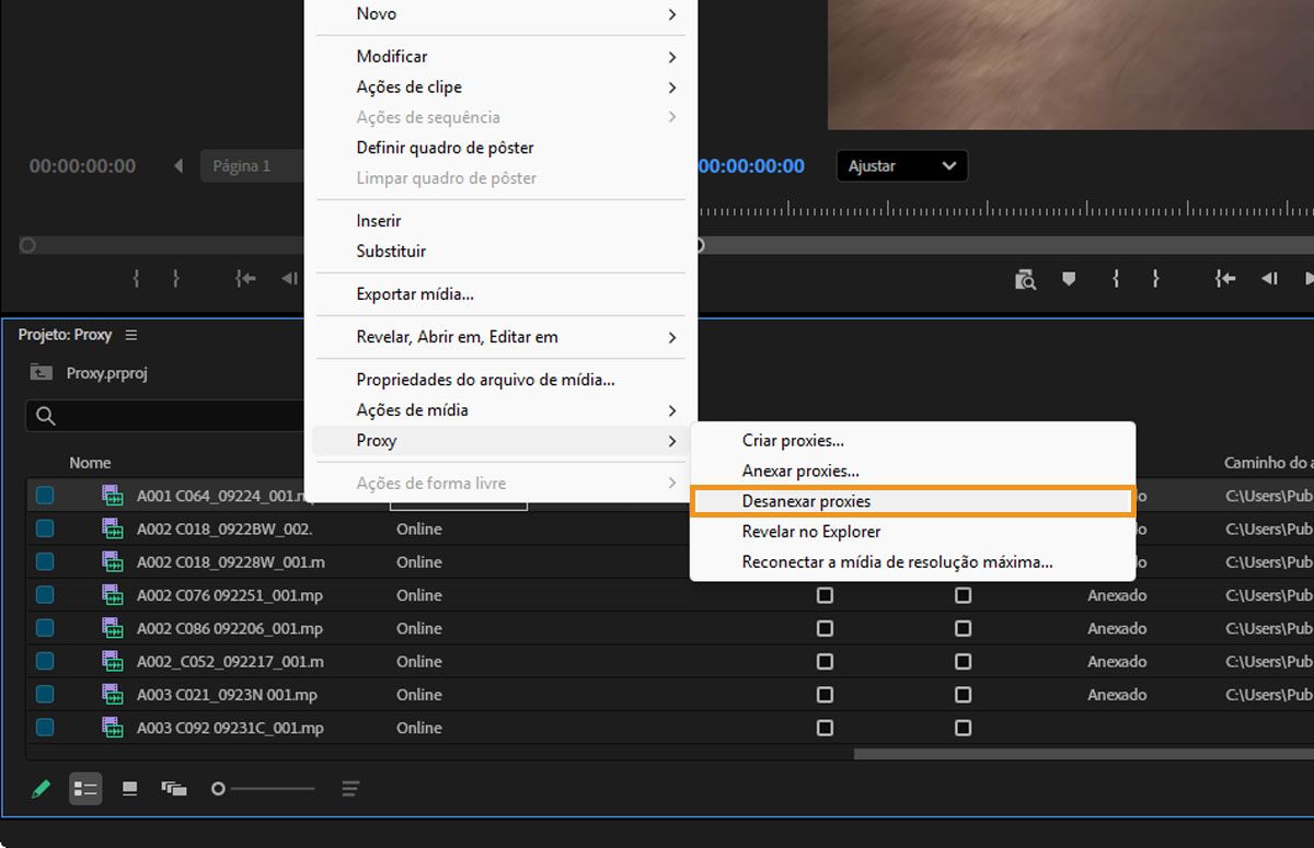 O menu de contexto do painel “Projeto” está aberto e, na opção “Proxies”, a opção “Desassociar proxies” está selecionada.