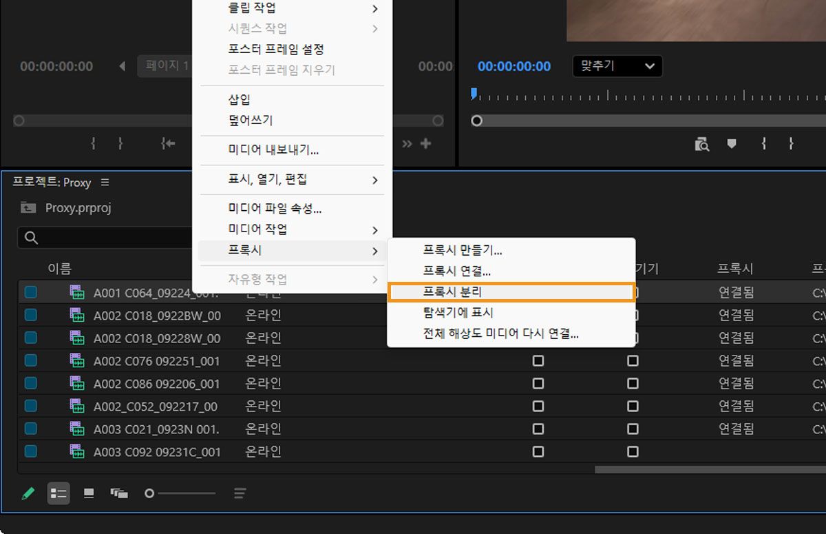 프로젝트 패널의 컨텍스트 메뉴가 열려 있고 프록시 옵션에서 [프록시 분리]가 선택되어 있습니다.
