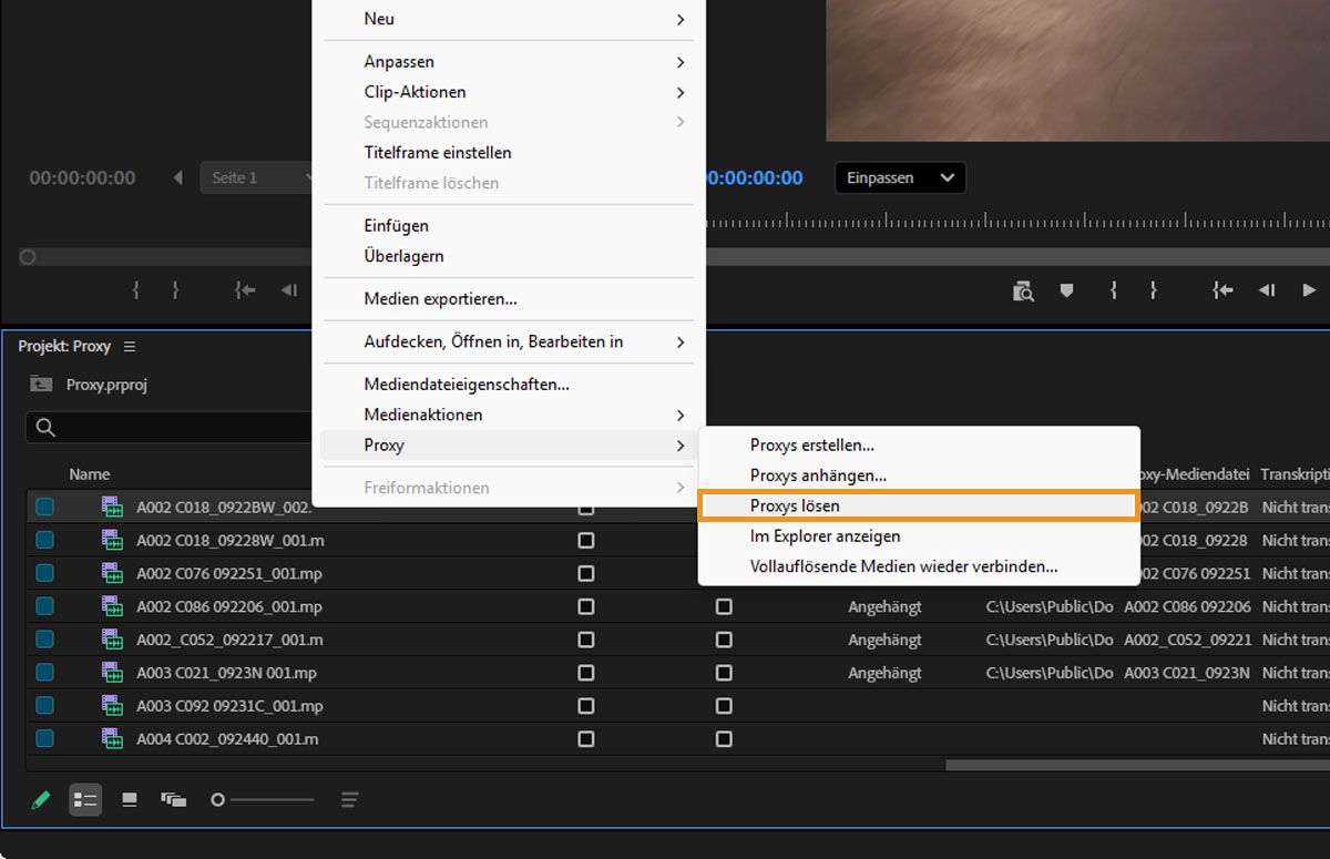 Das Kontextmenü des Bedienfelds „Projekt“ ist geöffnet und für die Option „Proxys“ ist „Proxys lösen“ ausgewählt.