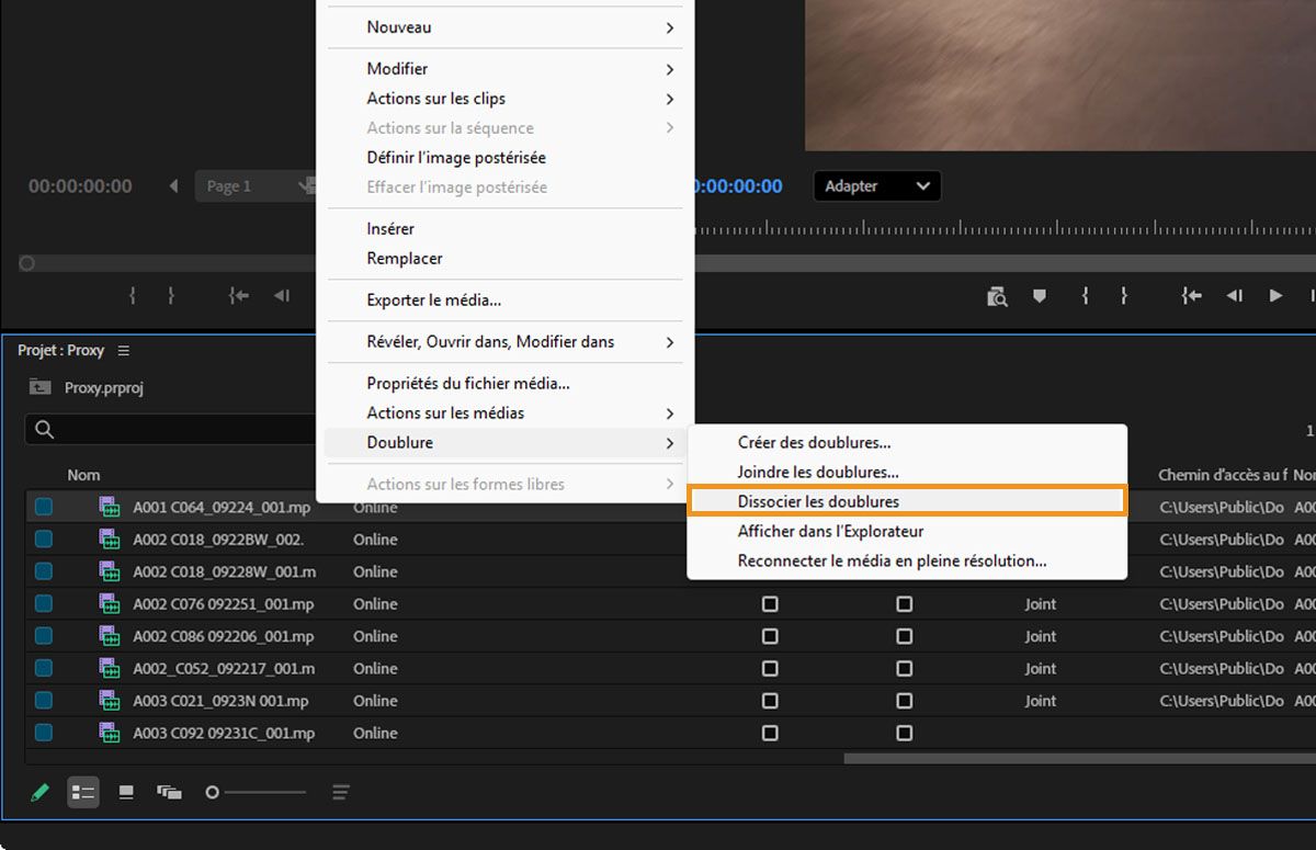 Le menu contextuel du panneau Projet est ouvert et l’option Dissocier les doublures est sélectionnée dans le menu Doublure.
