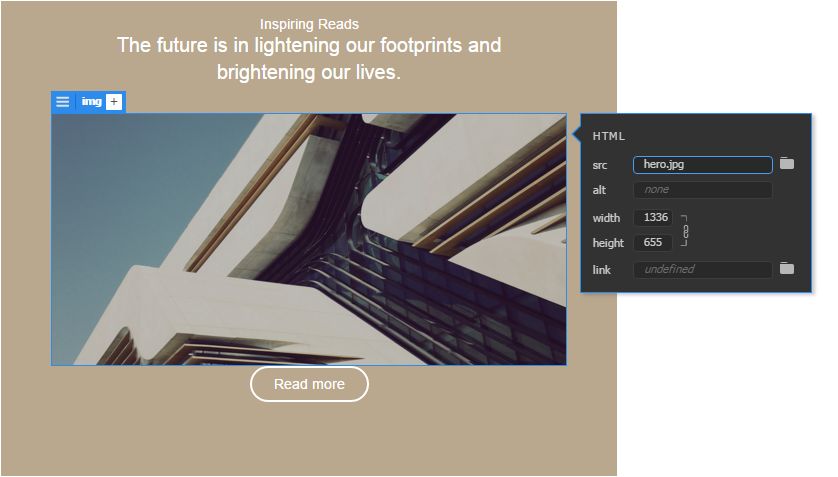 O Inspetor de propriedades rápido, que é exibido logo acima da página de elementos na Visualização dinâmica