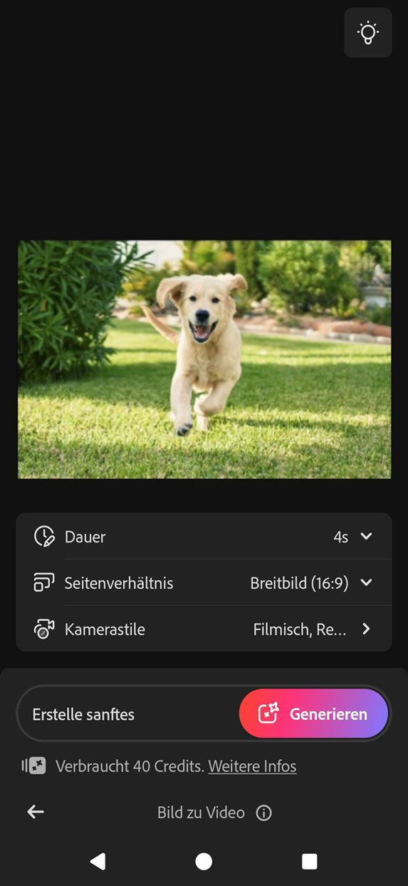 Das Bild-zu-Video-Bedienfeld wird geöffnet und zeigt Optionen zur Anpassung von Dauer, Seitenverhältnis und Kamera-Stilen vor der Videogenerierung.