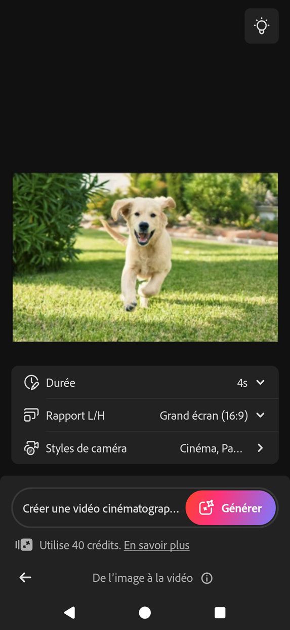 Panneau De l’image à la vidéo ouvert, avec des options permettant d’ajuster la durée, le rapport L/H et les styles de caméra avant de générer la vidéo.
