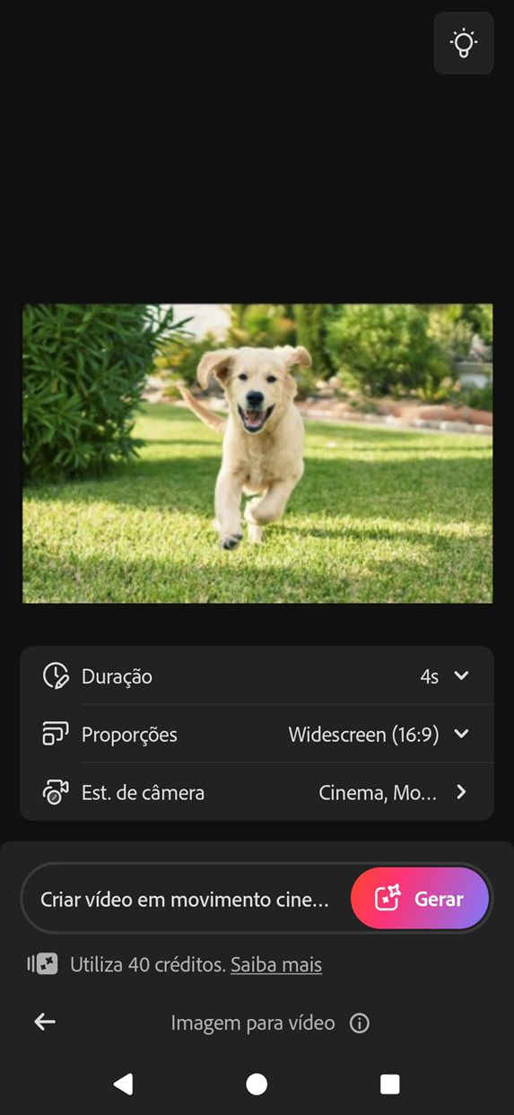 O painel Imagem para vídeo é aberto, apresentando opções para ajustar Duração, Proporção e Estilos de câmera antes de gerar o vídeo.