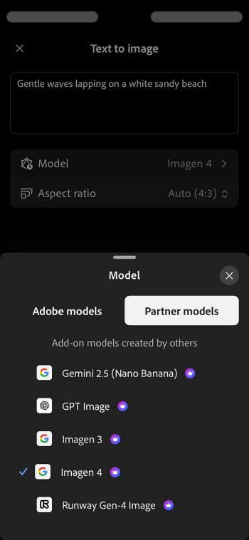 La schermata Da testo a immagine in Firefly mostra il menu Modello con la sezione Modelli partner aperta e l'opzione Imagen 4 selezionata.
