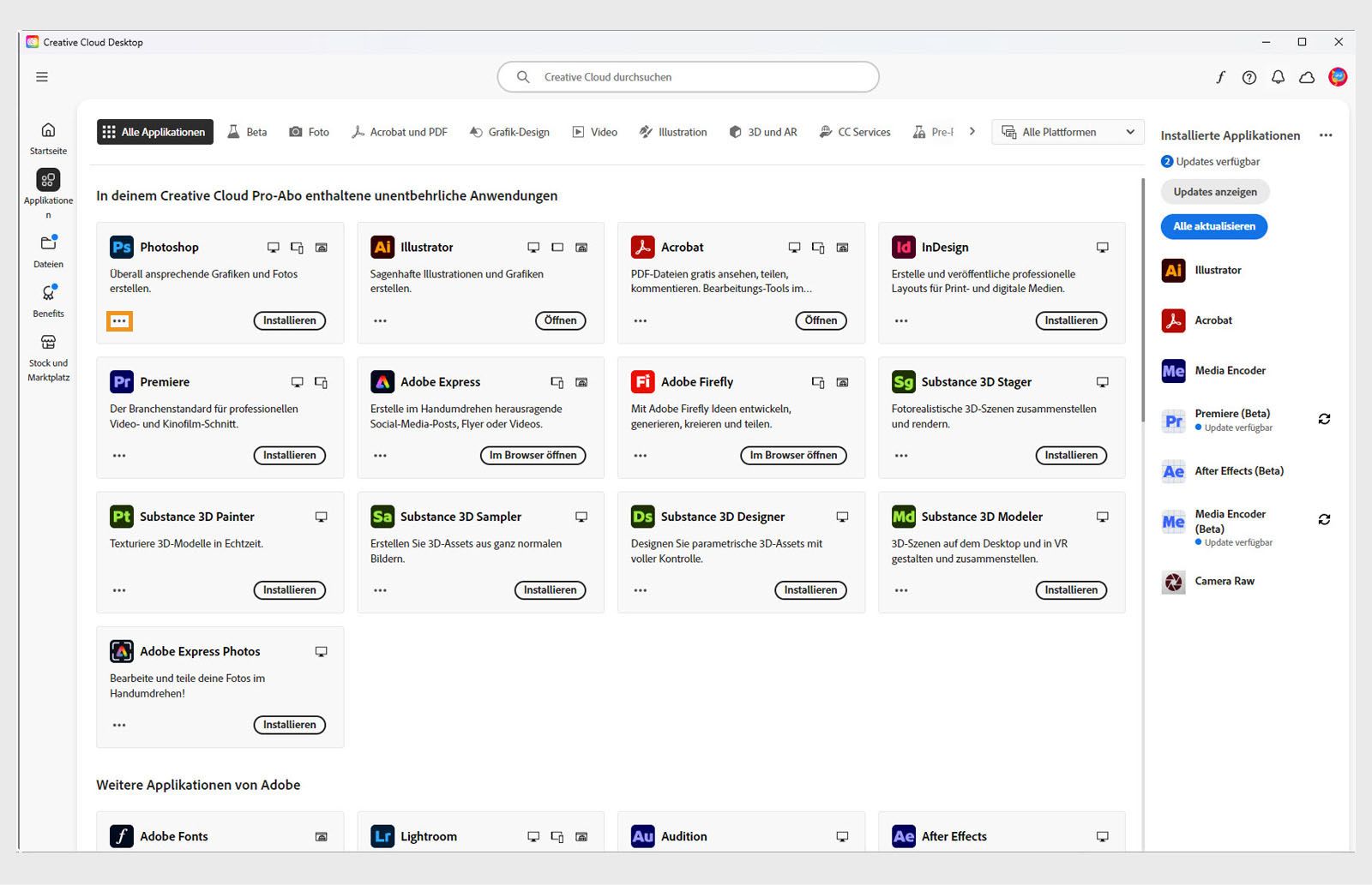 Das Symbol für weitere Aktionen in der unteren linken Ecke der Anwendungskachel bietet die Möglichkeit, ältere Versionen der Anwendung herunterzuladen. 