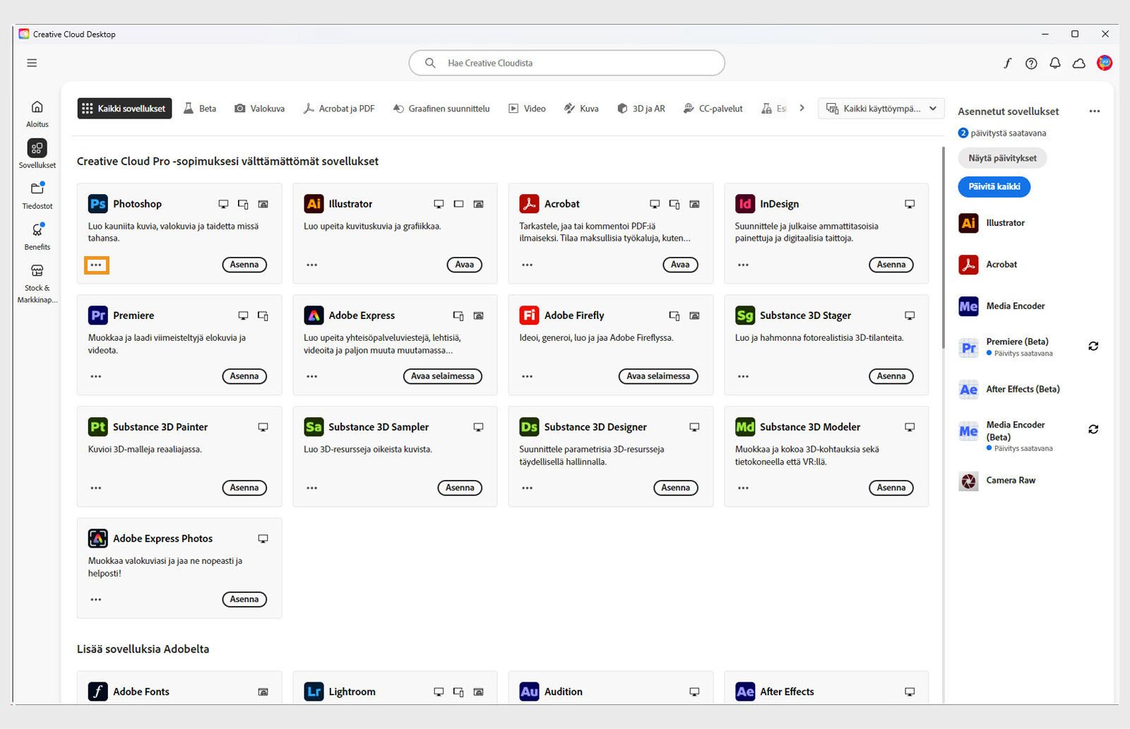Sovelluksen ruudun vasemmassa alakulmassa oleva Lisätoiminnot-kuvake tarjoaa mahdollisuuden ladata sovelluksen vanhempia versioita. 