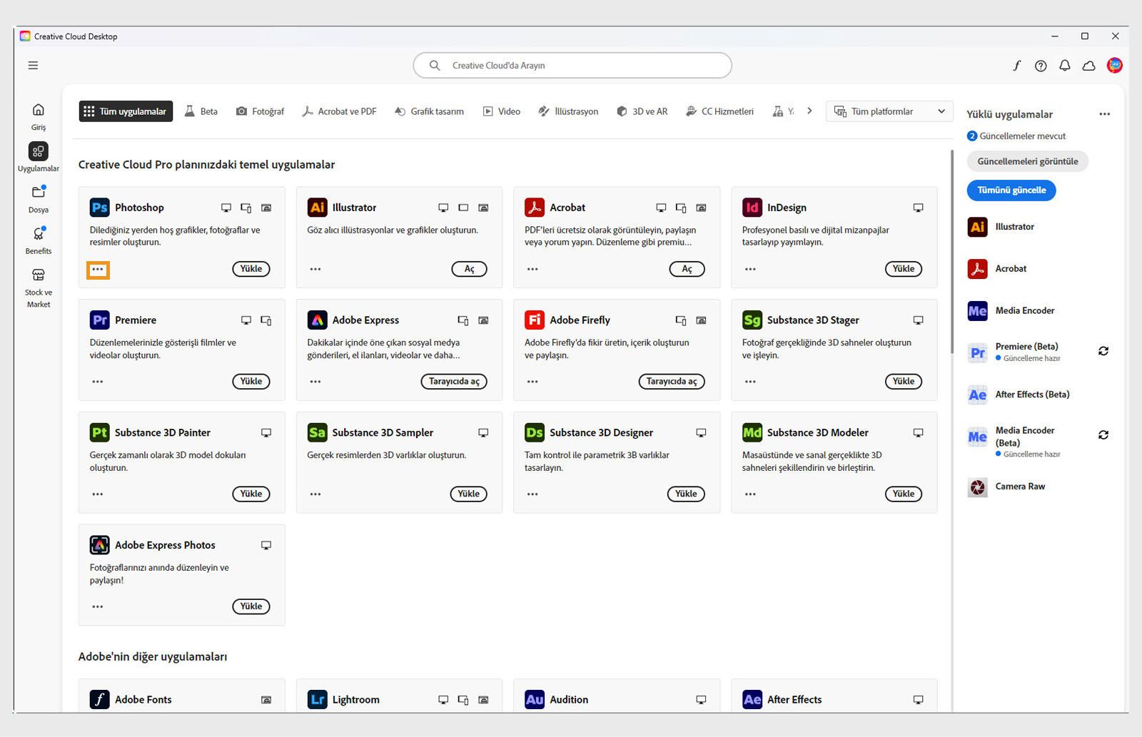 Uygulama kutucuğunun sol alt köşesinde bulunan Diğer işlemler simgesi, uygulamanın eski sürümlerini indirme seçeneği sunar. 