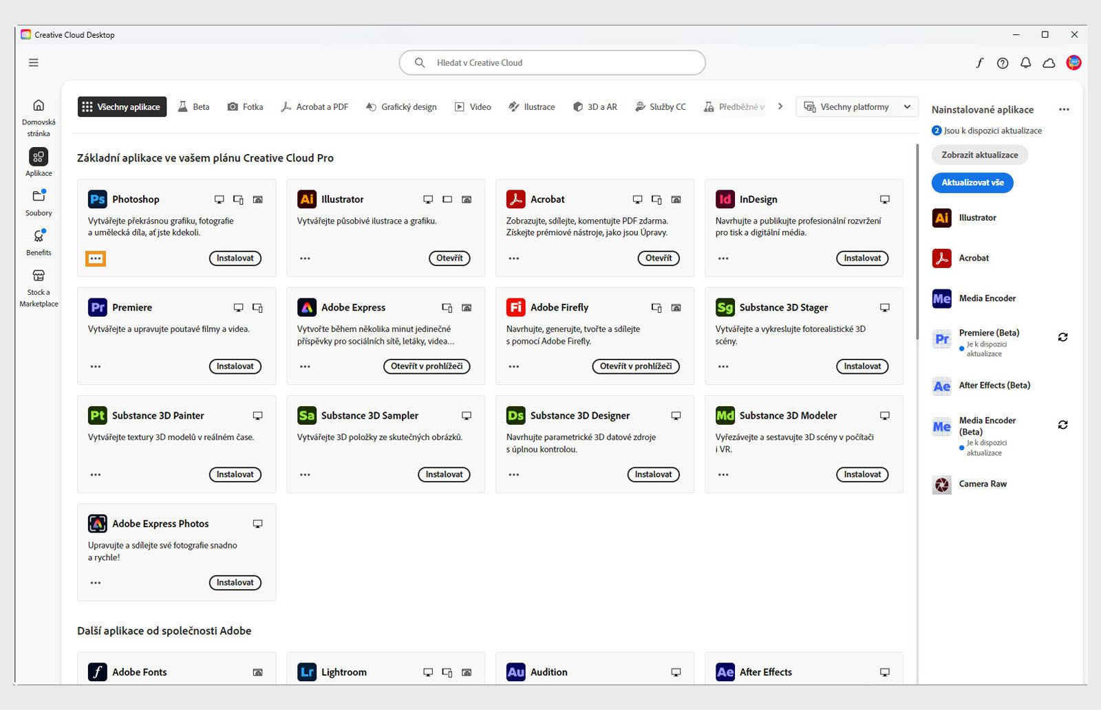 Ikona Další akce dostupná v levém dolním rohu dlaždice aplikace poskytuje možnost stáhnout starší verze aplikace. 