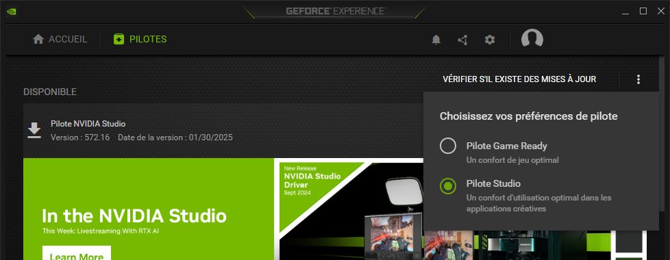 Page NVIDIA Drivers avec l’onglet Studio Driver sélectionné