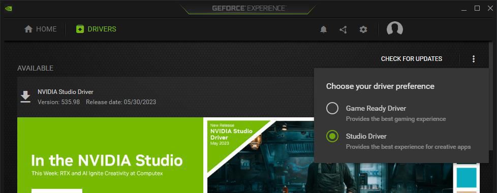 Страницата с драйвери на NVIDIA с избран раздел Studio Driver