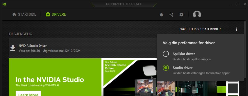 NVIDIA Drivers-siden med Studio Driver-fanen valgt