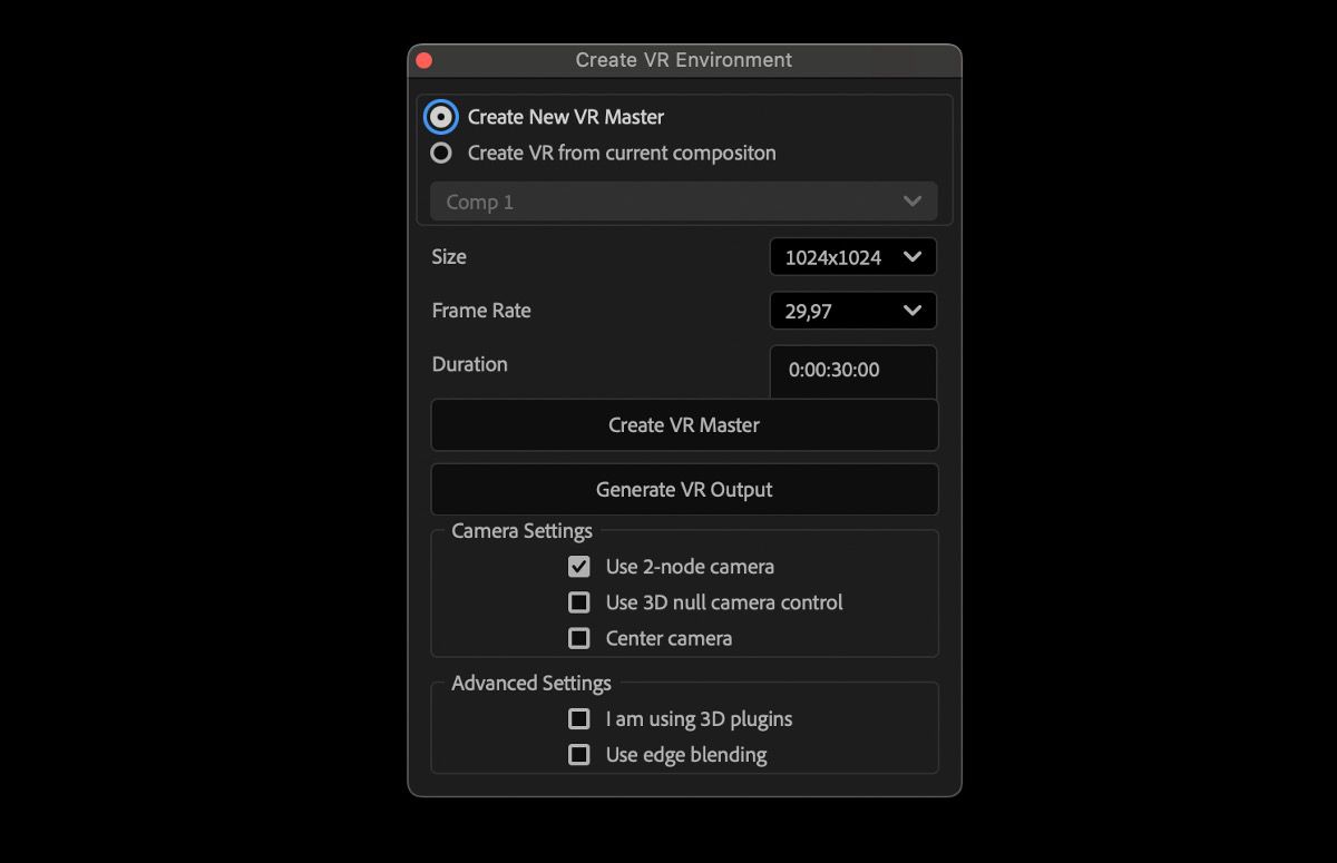 La boîte de dialogue Créer l’environnement VR est ouverte pour commencer.