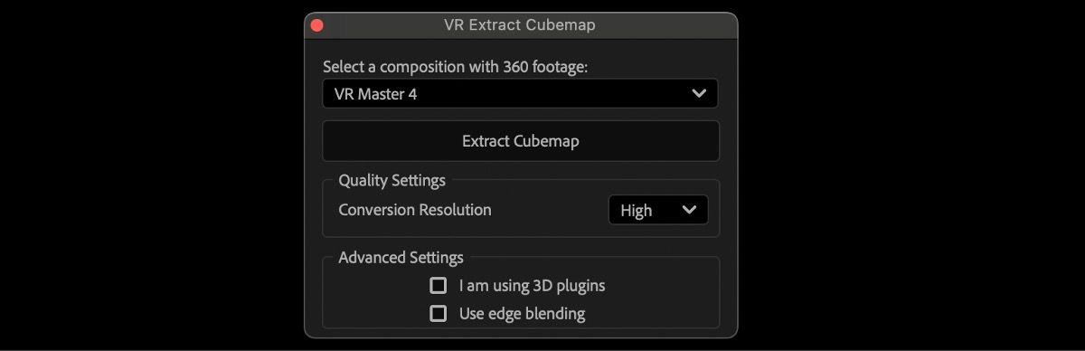 La boîte de dialogue Extraire le cubemap VR est ouverte et il y a une option pour extraire le cubemap.