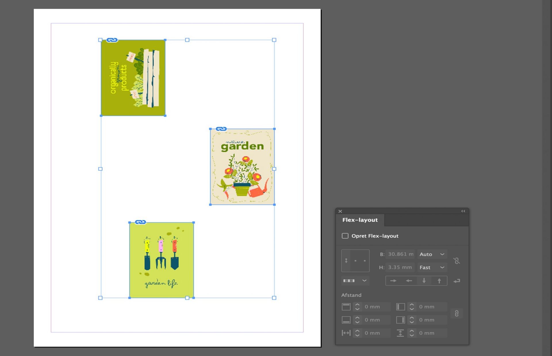 Tre billeder er placeret på lærredet, som ikke er justeret korrekt.Flex-layout-panelet, der viser forskellige muligheder, er også åbent.