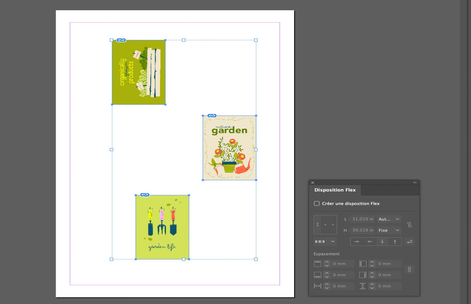 Trois images sont placées sur la zone de travail et ne sont pas correctement alignées. Le panneau Disposition Flex présentant diverses options est également ouvert.