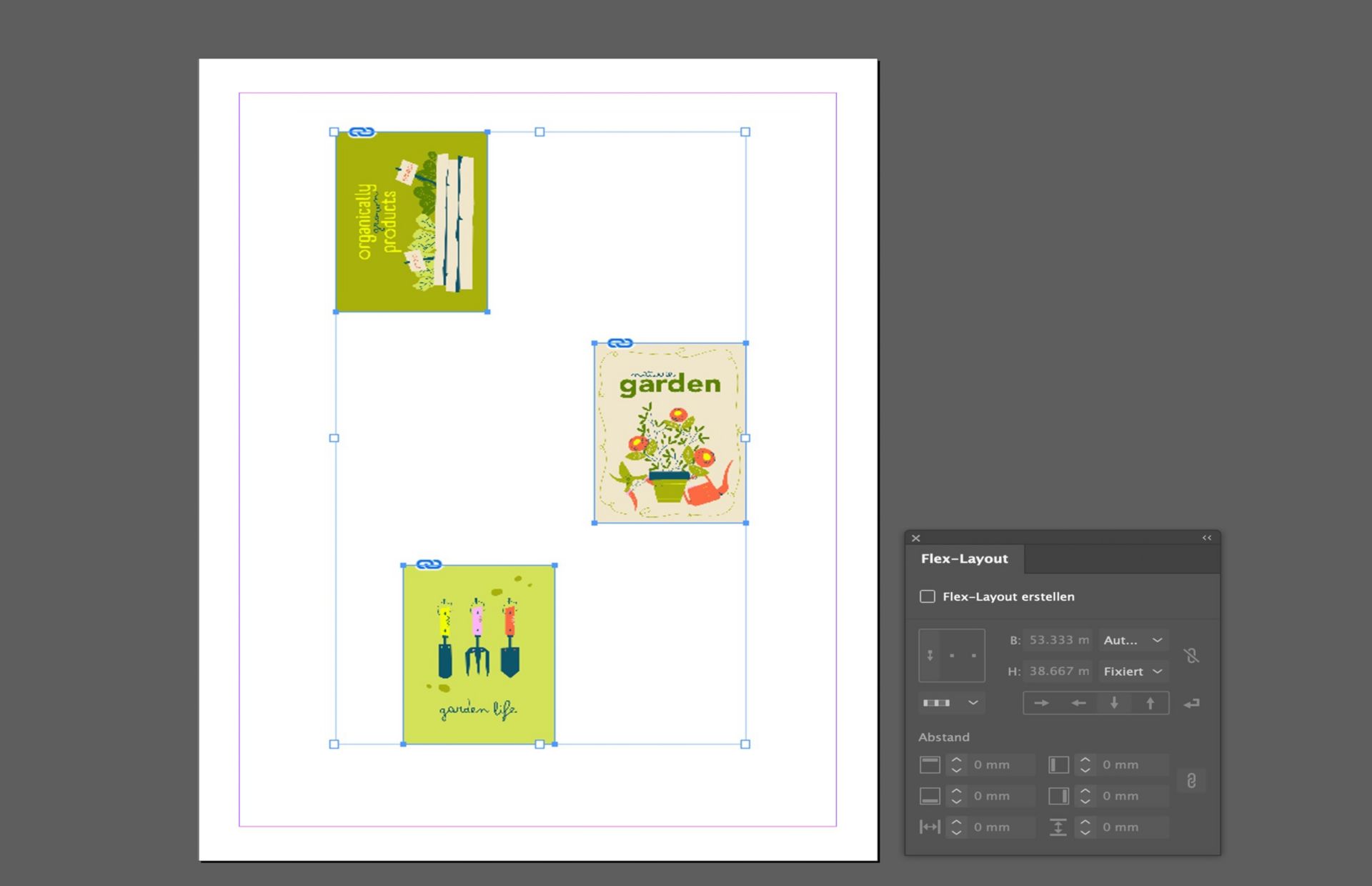 Drei Bilder sind auf der Arbeitsfläche platziert, die nicht richtig ausgerichtet sind.Das Flex Layout-Bedienfeld mit verschiedenen Optionen ist ebenfalls geöffnet.