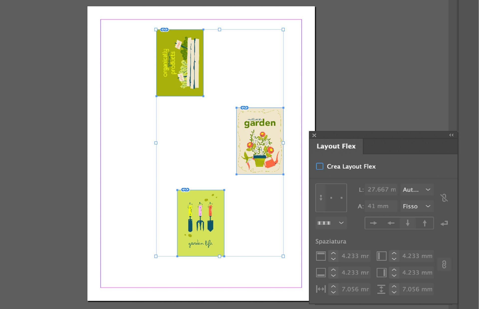 Tre immagini sono posizionate nell'area di lavoro ma non sono allineate correttamente.Il pannello Layout Flex che mostra varie options è anche aperto.