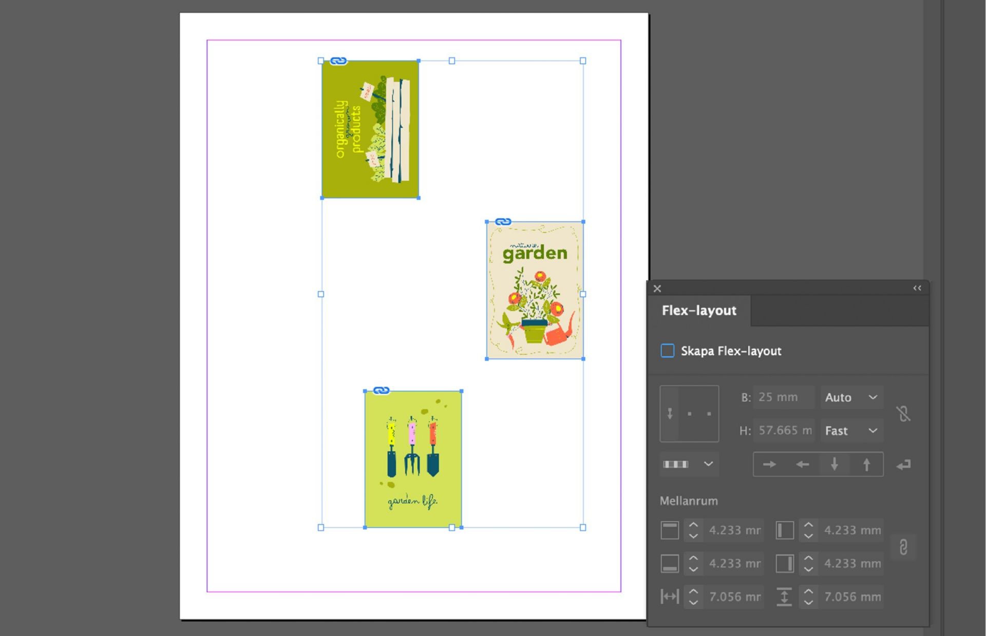 Tre bilder är placerade på arbetsytan som inte är korrekt justerade. Flex Layout panel som visar olika options är också öppen.