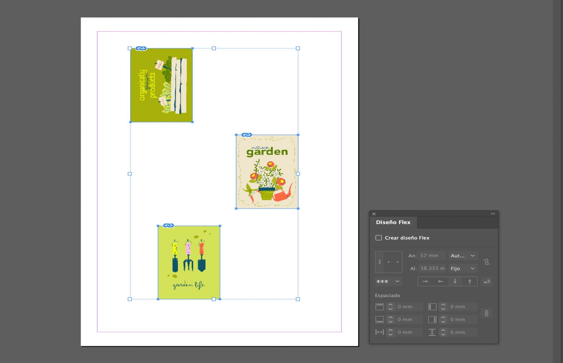 Tres imágenes están colocadas en el lienzo que no están alineadas correctamente.El panel de flex que muestra varios options también está abierto.
