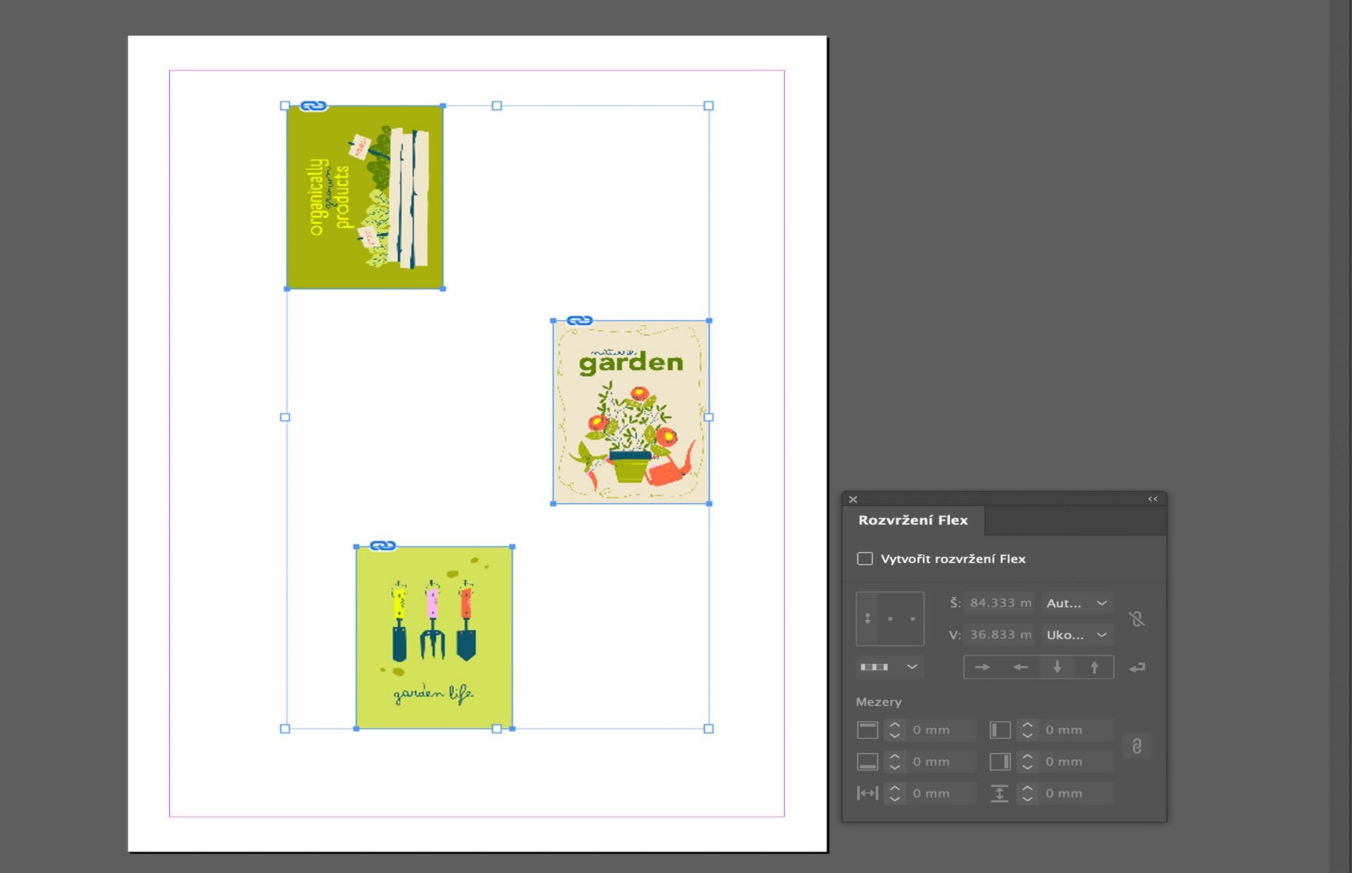Na plátno jsou umístěny tři obrázky, které nejsou správně zarovnány.Je také otevřen panel Flex rozložení zobrazující různé options.